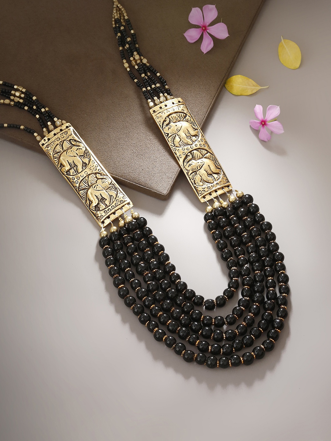 Bamboo Tree Gold-Toned & Black Beaded Handcrafted Necklace