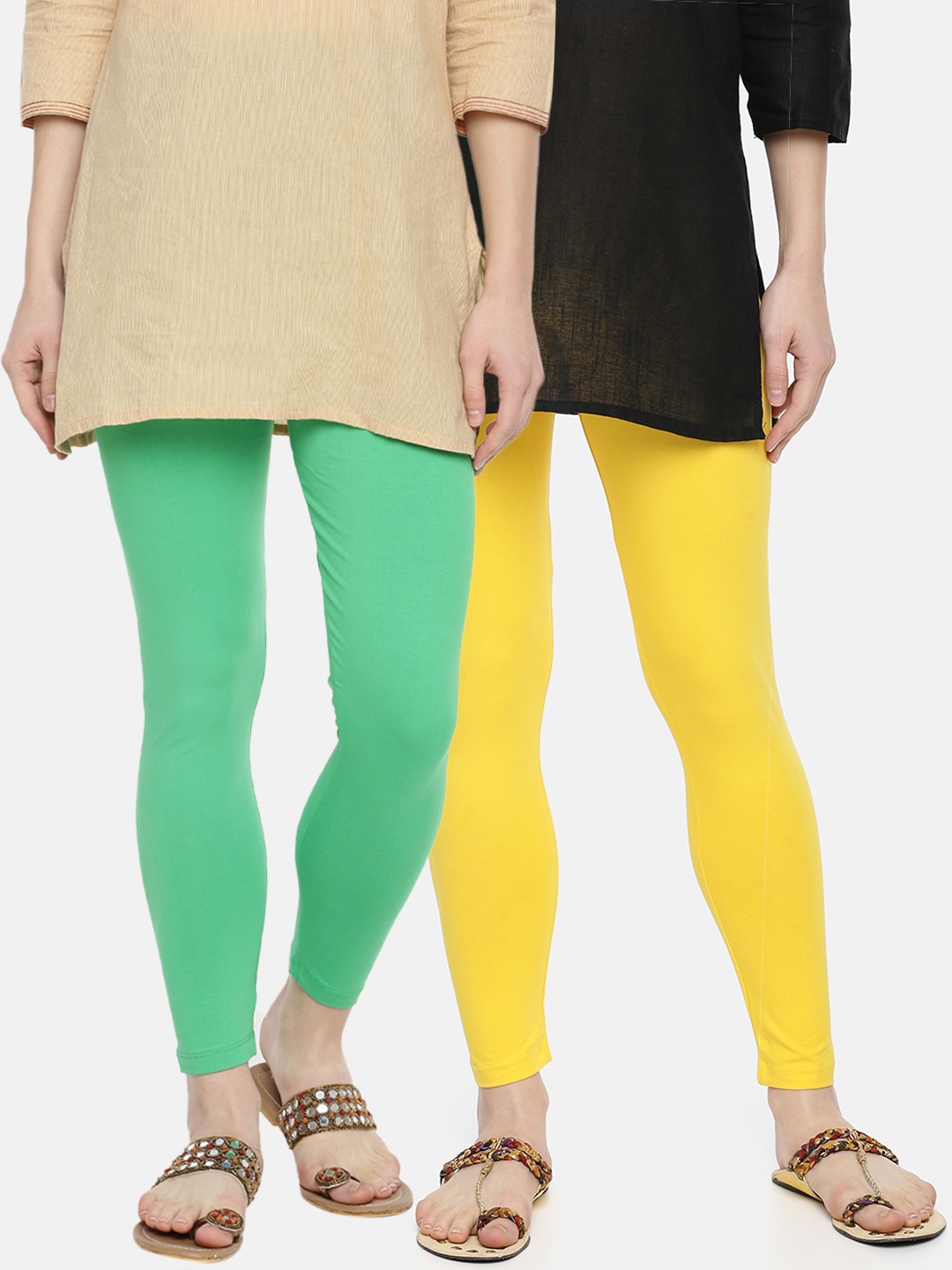 Dollar Missy Women Pack of 2 Solid Ankle-Length Leggings, Yellow