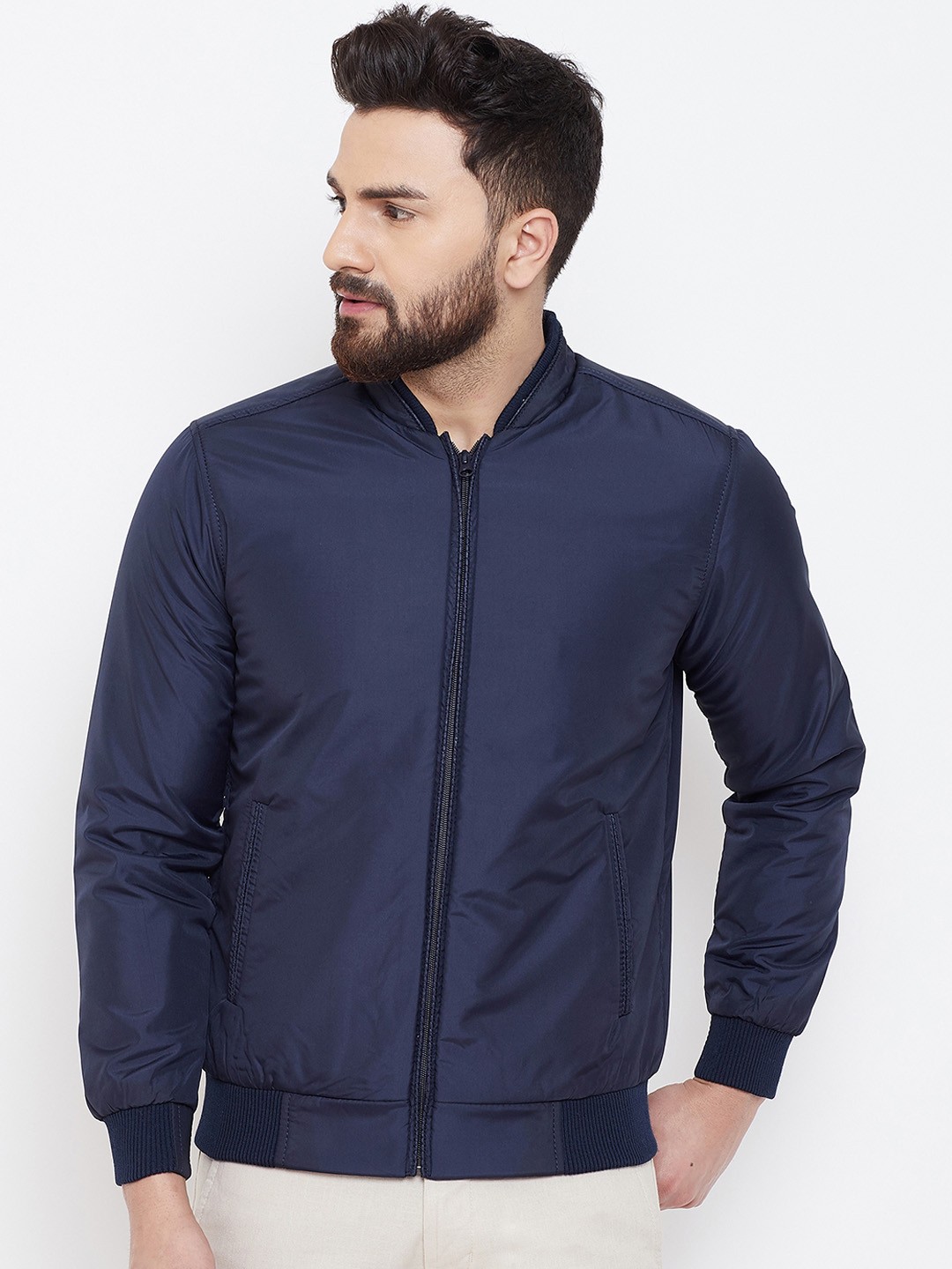 

Spirit Men Navy Blue Solid Bomber Jacket