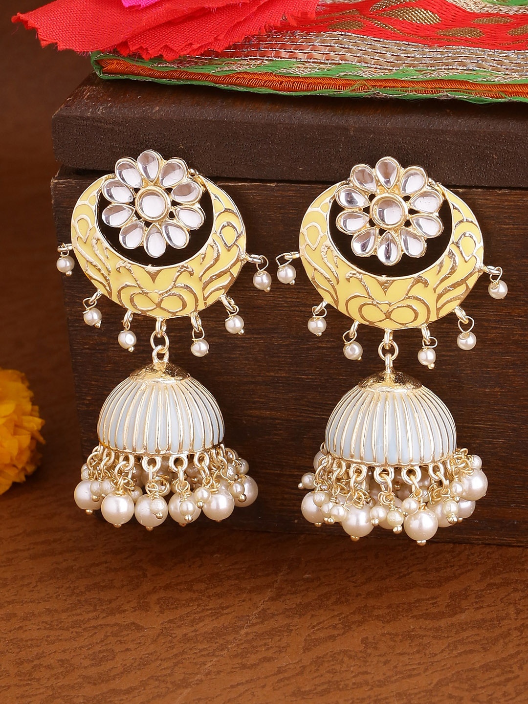 

Shoshaa Gold-Plated & Off-White Handcrafted Dome Shaped Jhumkas, Yellow