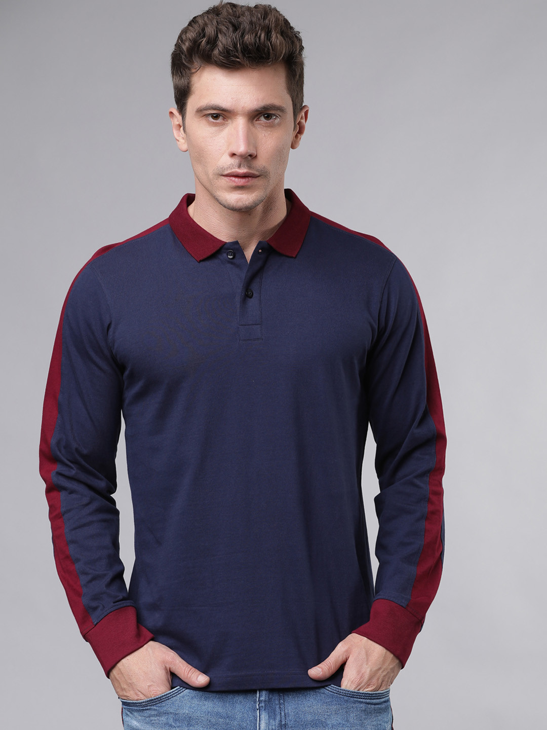 

LOCOMOTIVE Men Navy Blue Solid Polo Pure Cotton T-shirt