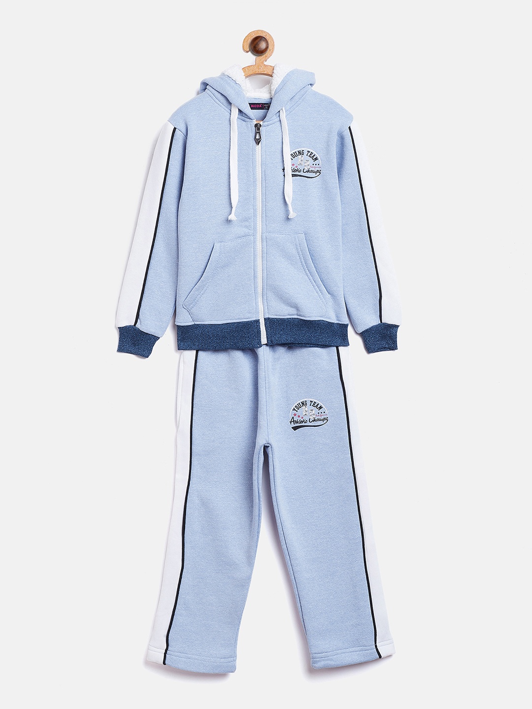 

Nins Moda Girls Blue & White Colourblocked Fleece Hooded Tracksuit