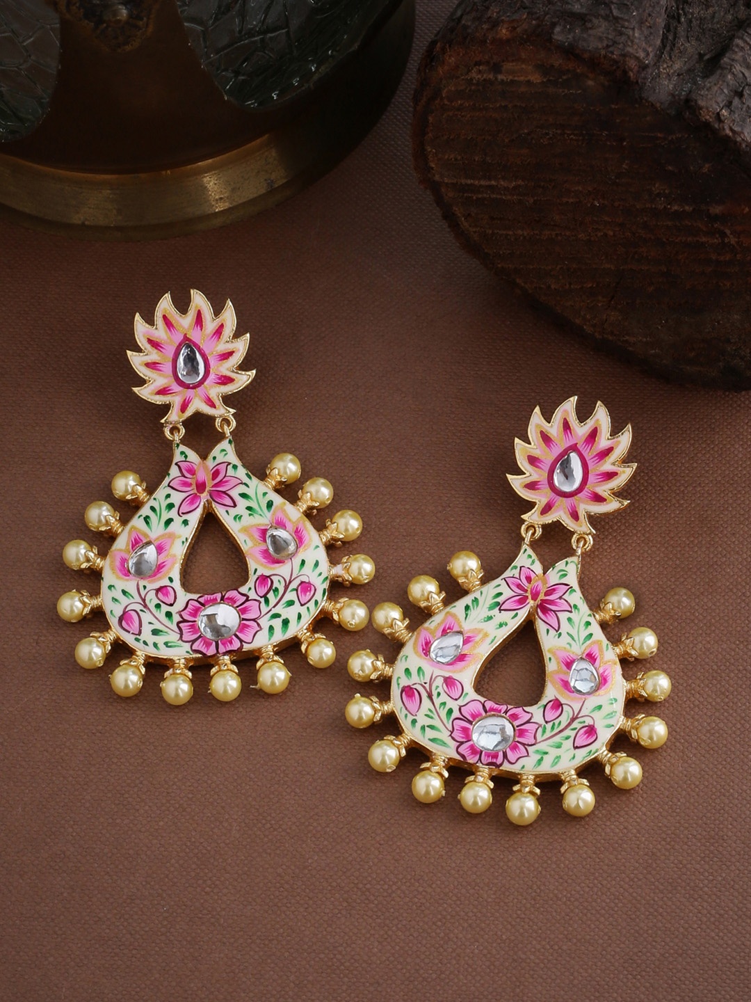 

Tistabene Cream-Coloured & Pink Gold-Plated Meenakari Hand Painted Classic Drop Earrings