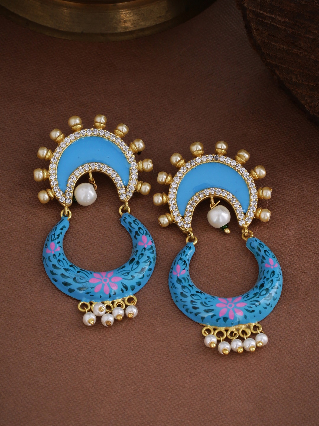 

Tistabene Blue & Gold-Plated Hand Painted Meenakari Crescent Shaped Chandbalis