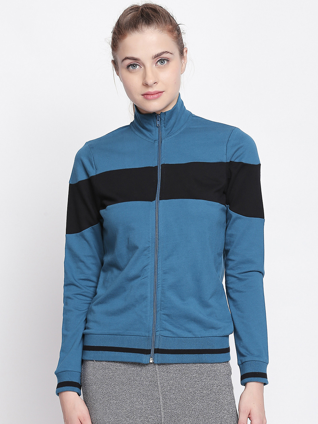 

Ajile by Pantaloons Women Teal Blue & Black Colourblocked Sporty Jacket