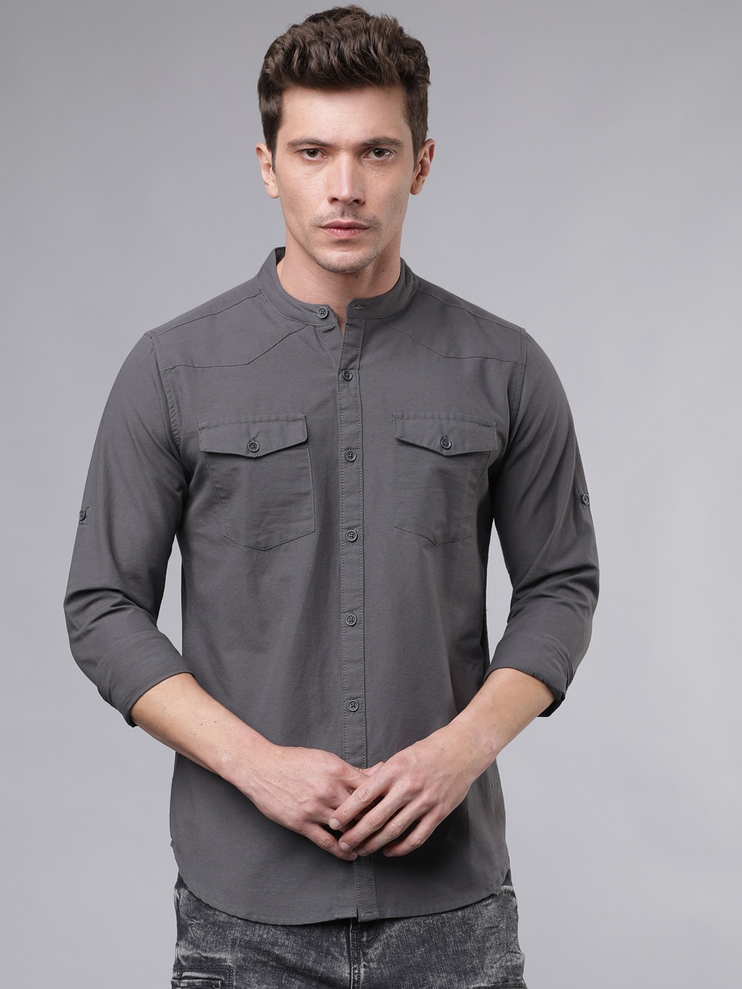 

LOCOMOTIVE Men Grey Slim Fit Solid Casual Shirt