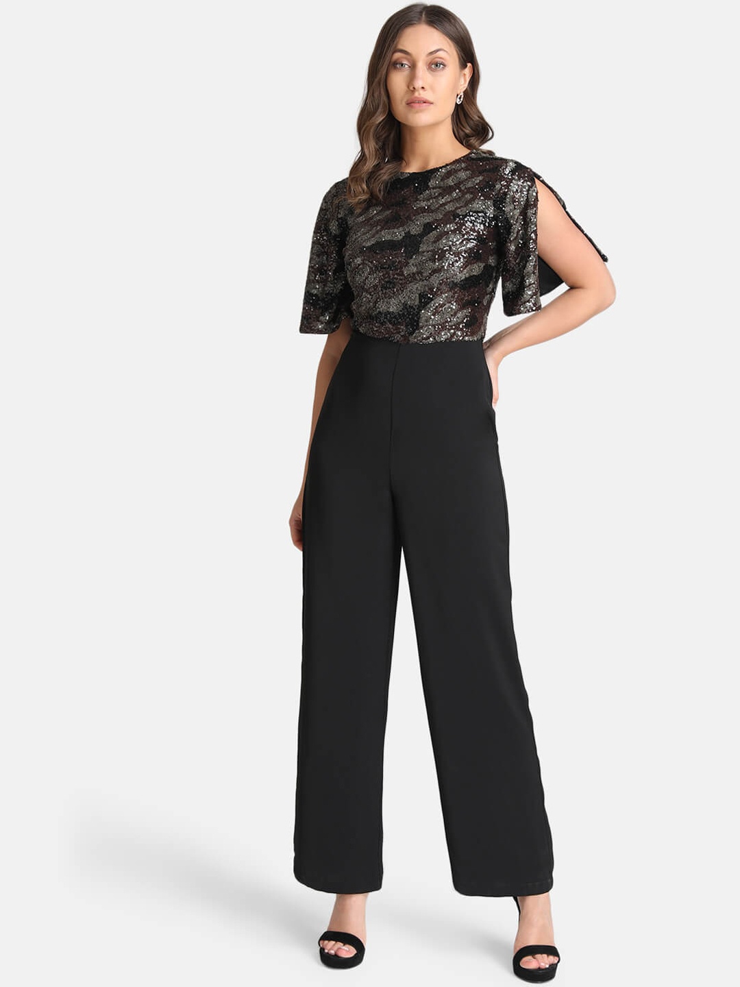 

Kazo Women Black & Silver-Toned Self Design Basic Jumpsuit