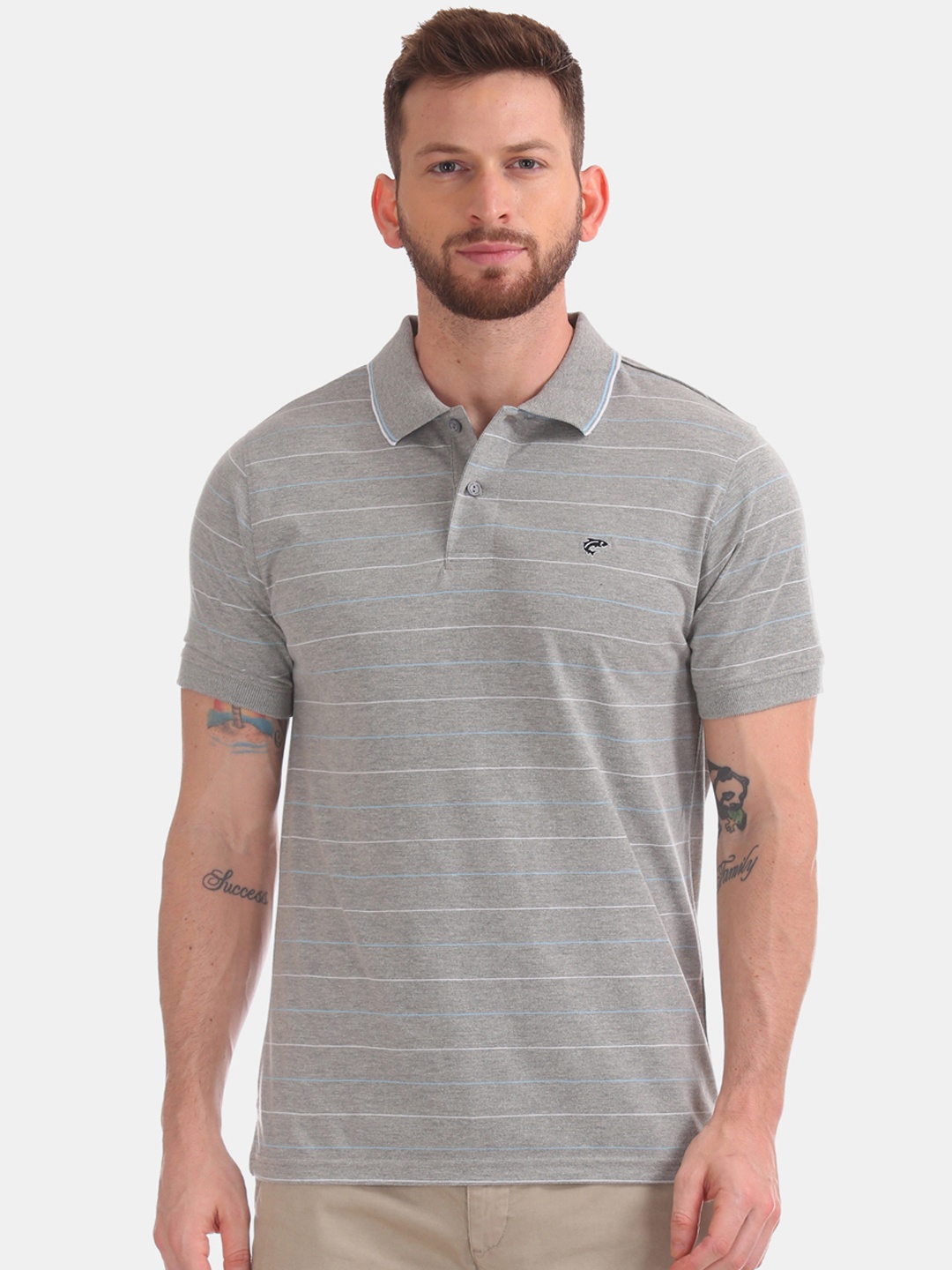

Ruggers Men Grey Striped Polo Collar T-shirt