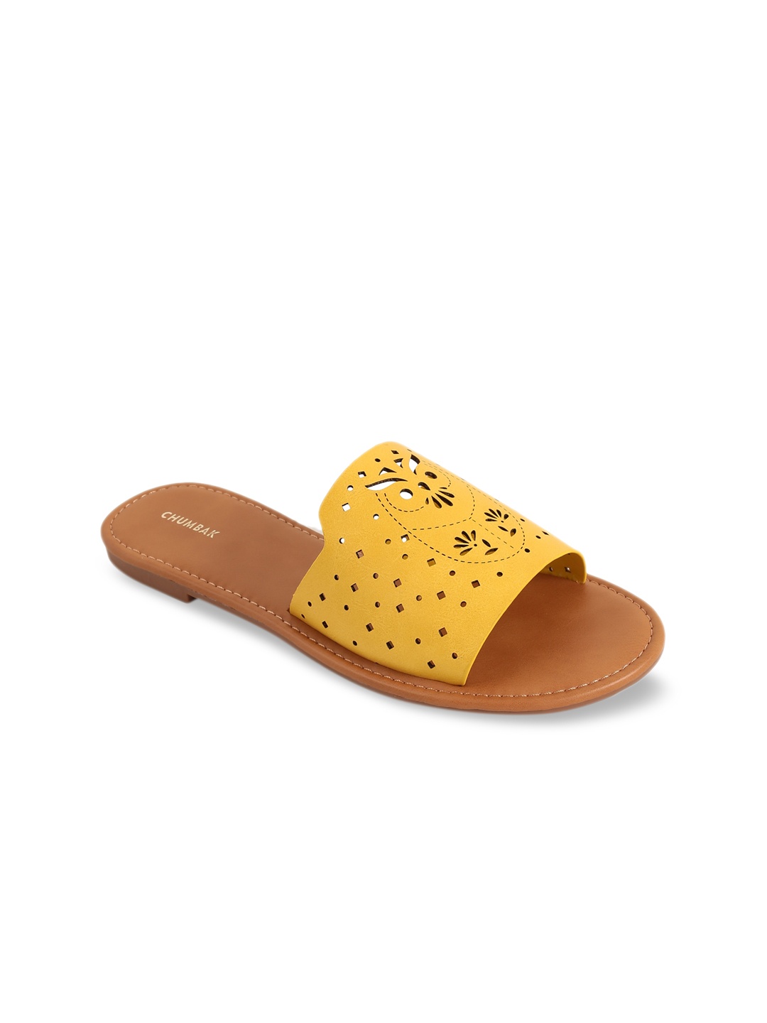 

Chumbak Women Mustard Yellow Solid Open Toe Flats With Lace Cut Detailing