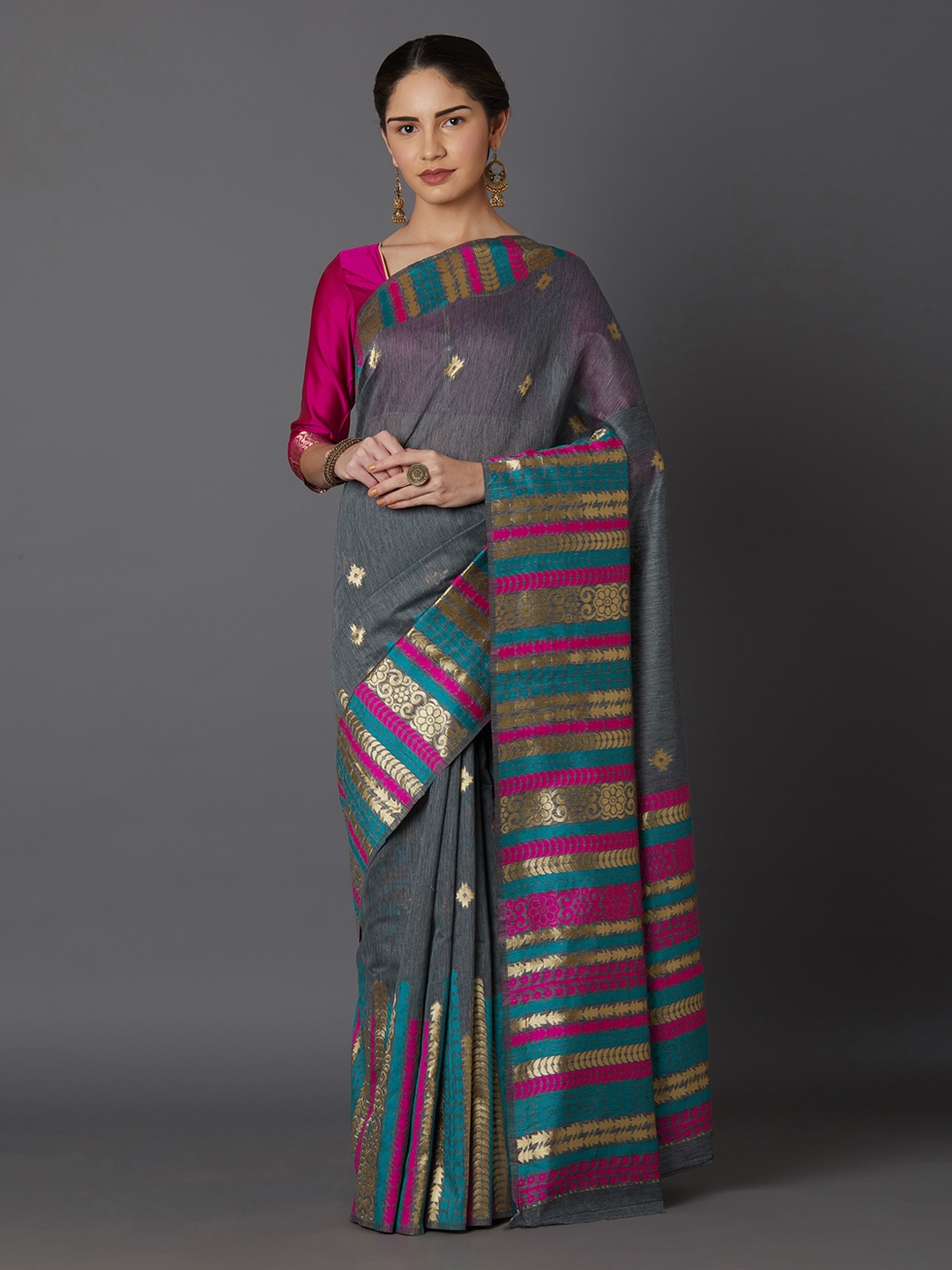 Mitera Grey & Gold-Toned Silk Blend Woven Design Kanjeevaram Saree