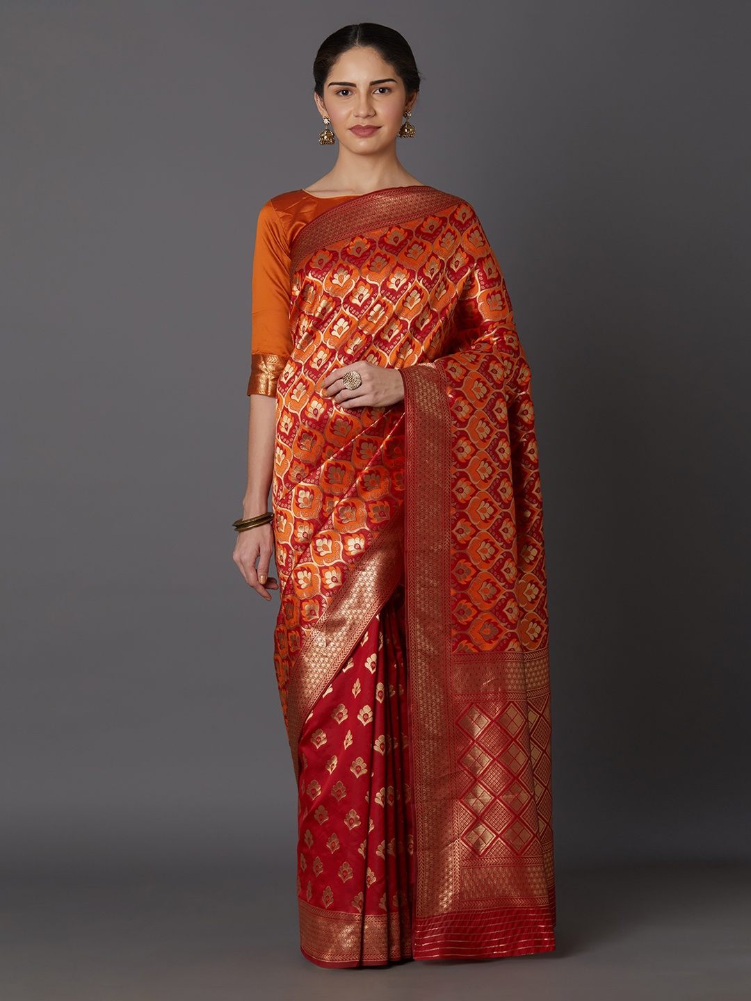 

Mitera Orange & Red Silk Blend Woven Design Kanjeevaram Saree