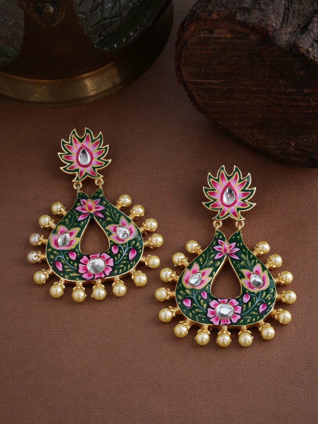 

Tistabene Green & Pink Gold-Plated Meenakari Hand Painted Classic Drop Earrings