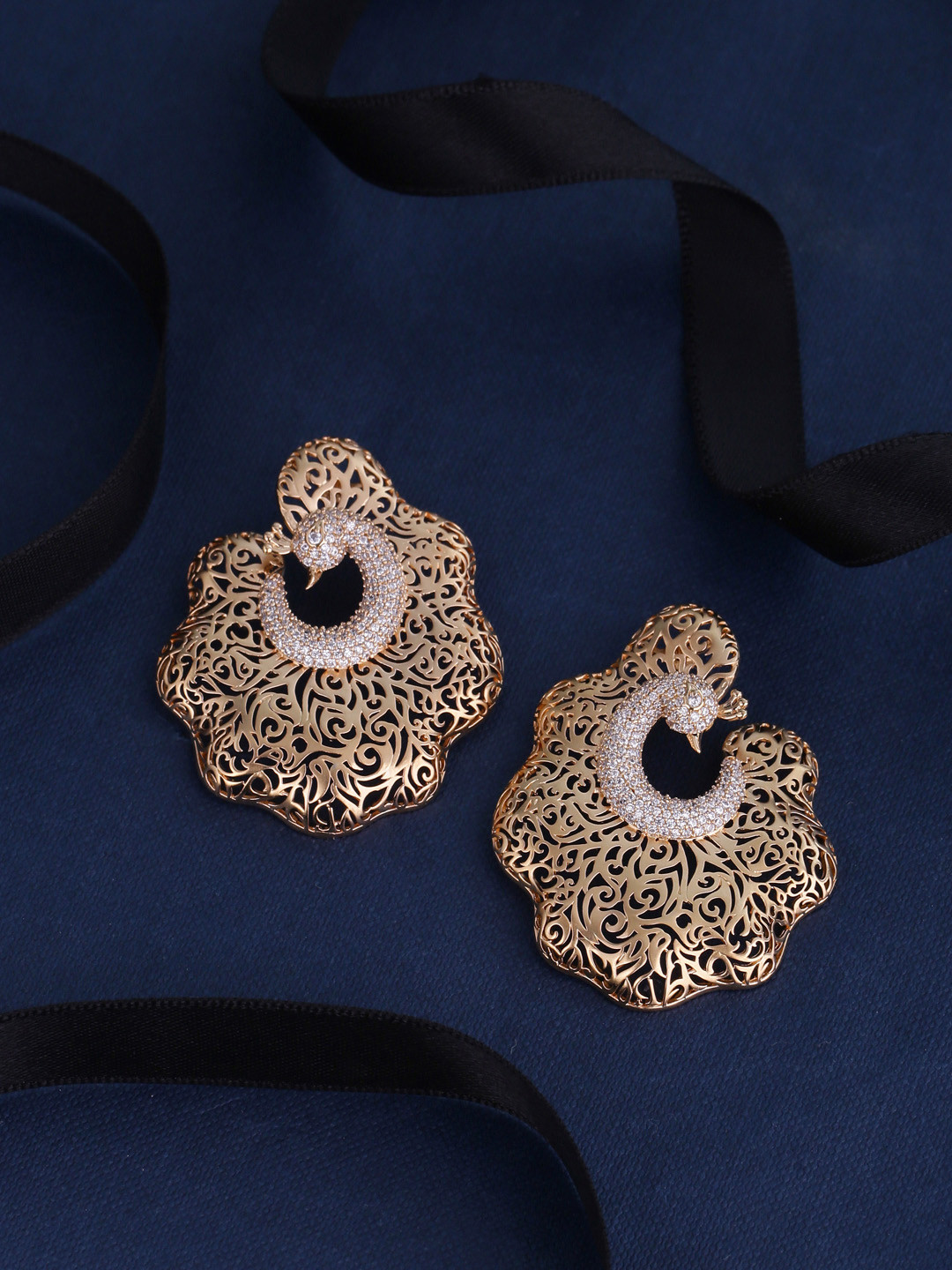 

Tistabene Gold-Plated Studded Peacock Shaped Drop Earrings