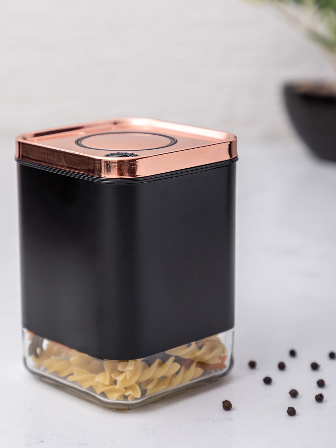 

White Gold Transparent & Black Square Glass Jar With Airtight Copper Lid