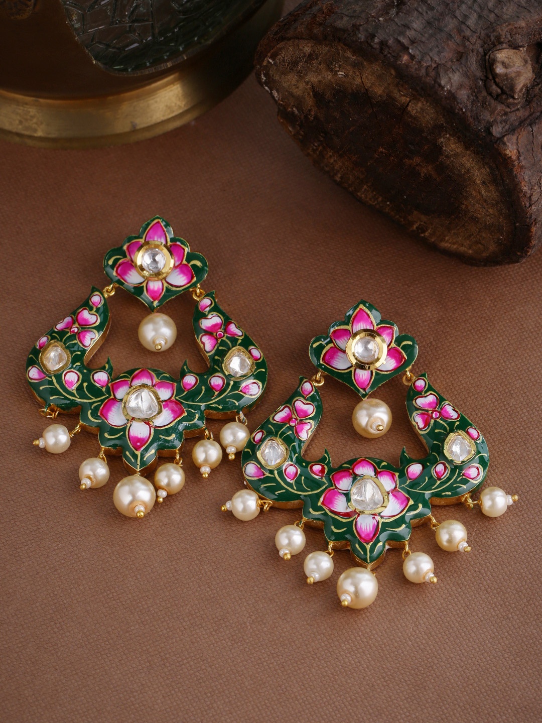 

Tistabene Green & Pink Floral Gold-Plated Drop Earrings