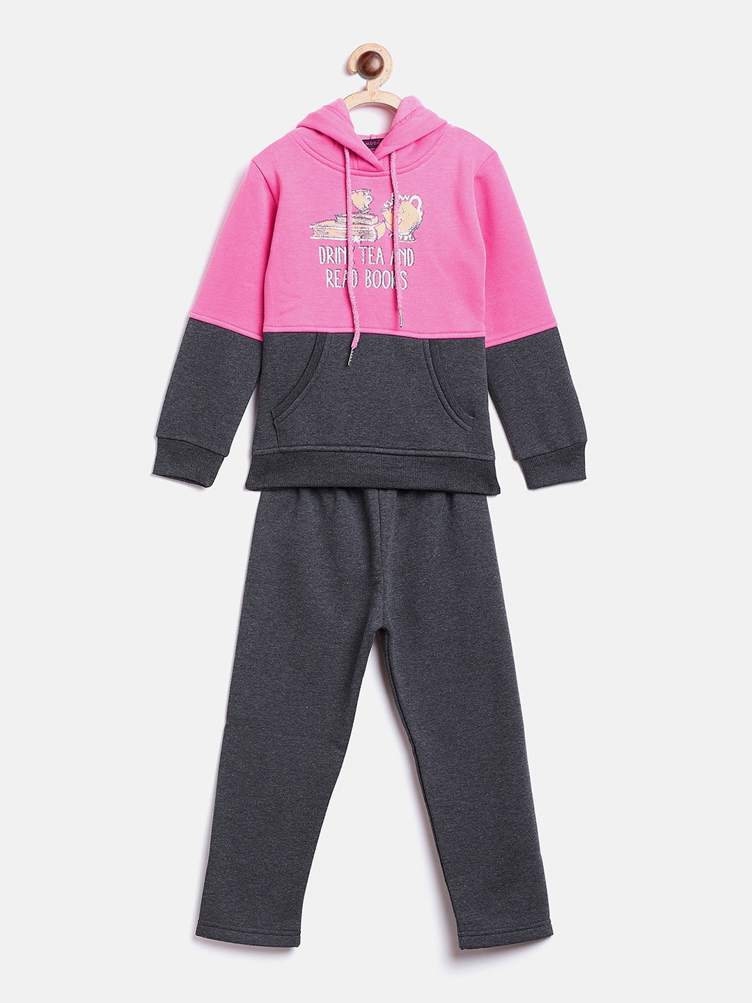 

Nins Moda Girls Pink & Charcoal Grey Colourblocked Fleece Hooded Tracksuit