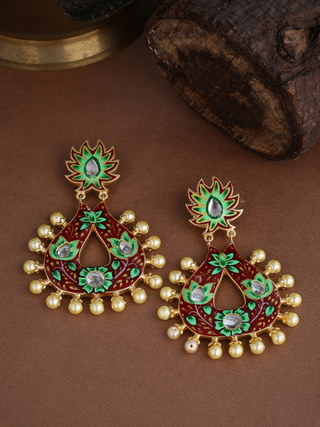 

Tistabene Brown & Green Gold-Plated Meenakari Hand Painted Classic Drop Earrings