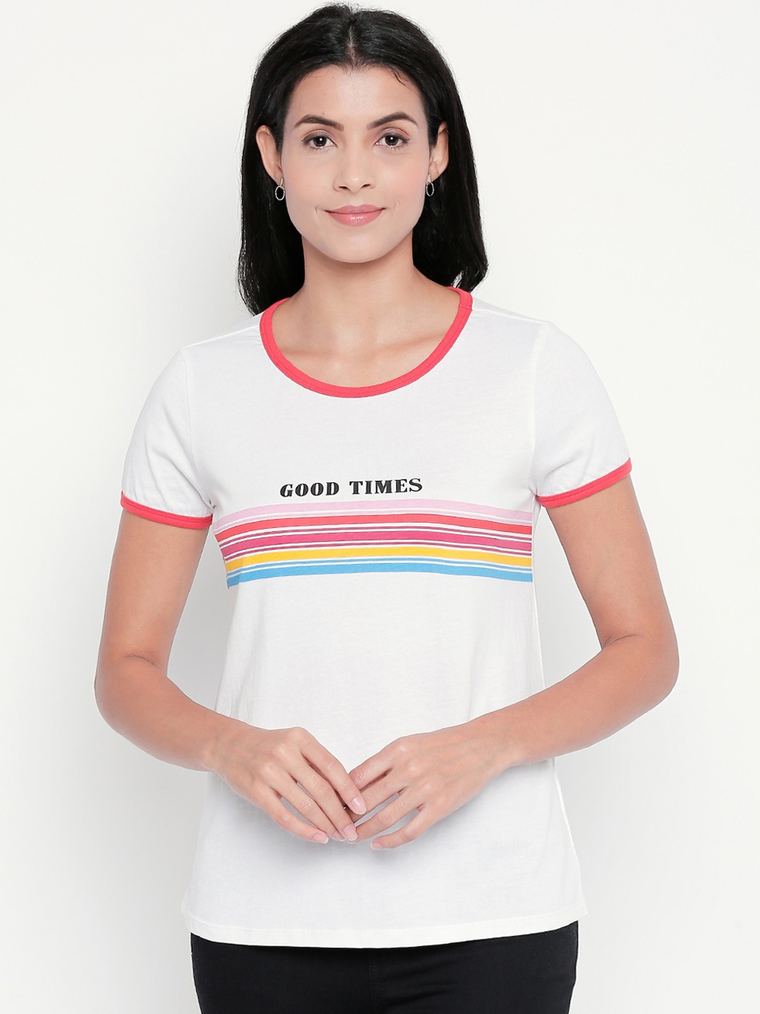 

Honey by Pantaloons Women White Striped Round Neck Pure Cotton T-shirt