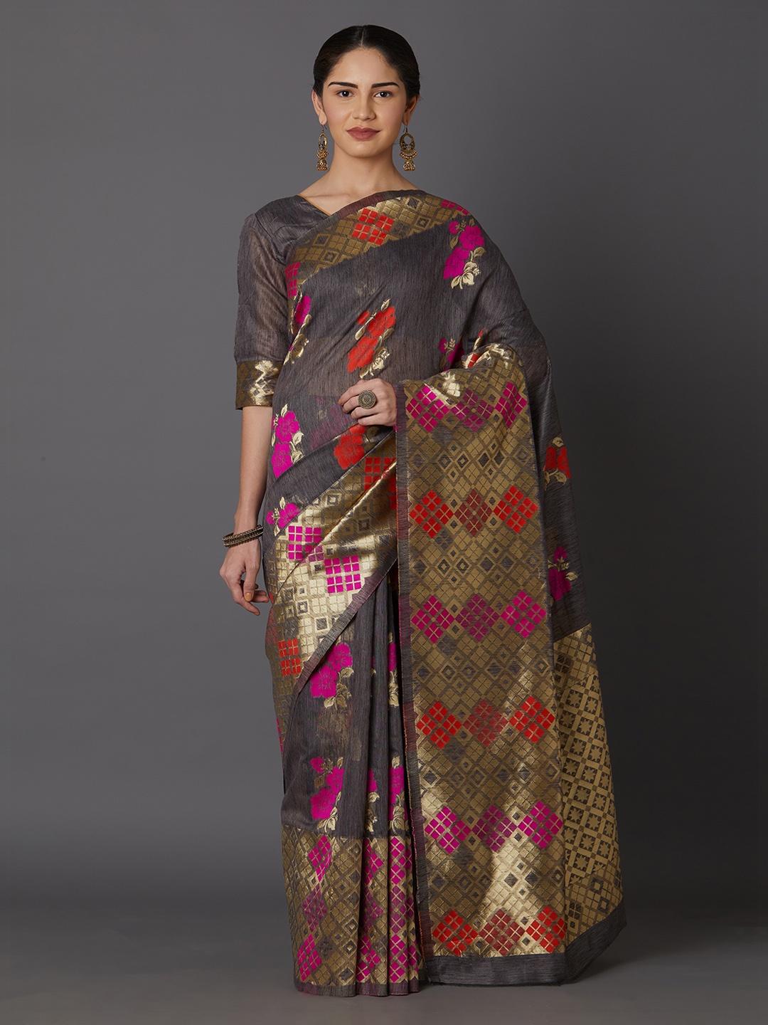 Mitera Grey & Gold-Toned Silk Blend Woven Design Kanjeevaram Saree