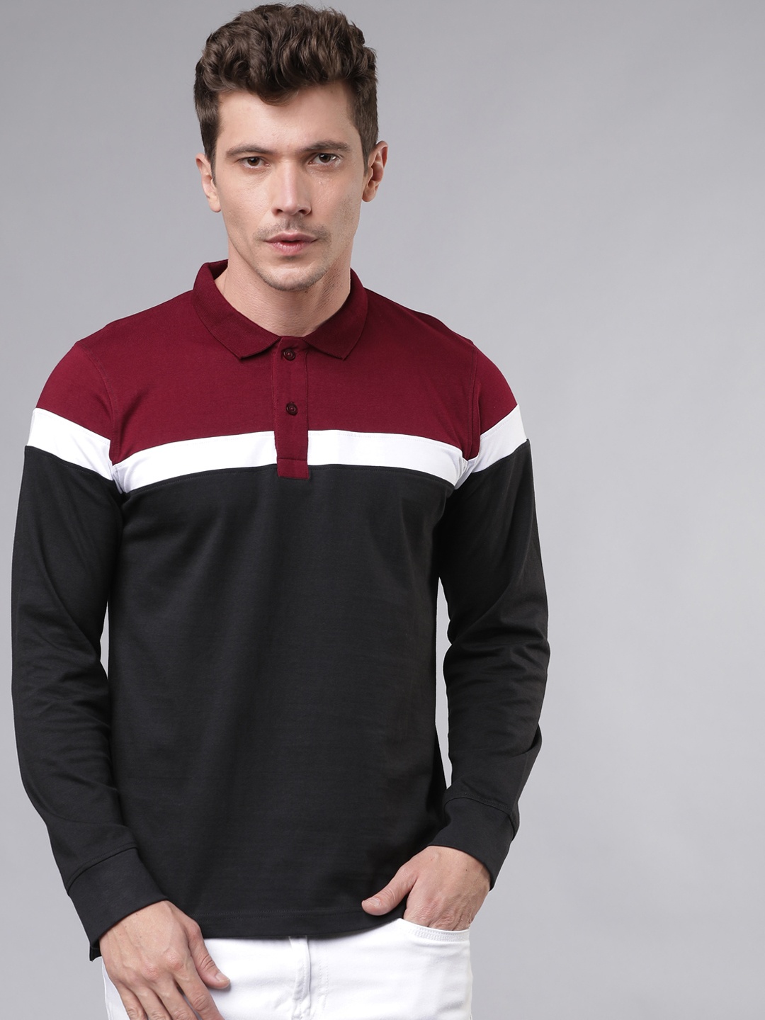 

LOCOMOTIVE Men Red Colourblocked Polo Pure Cotton T-shirt