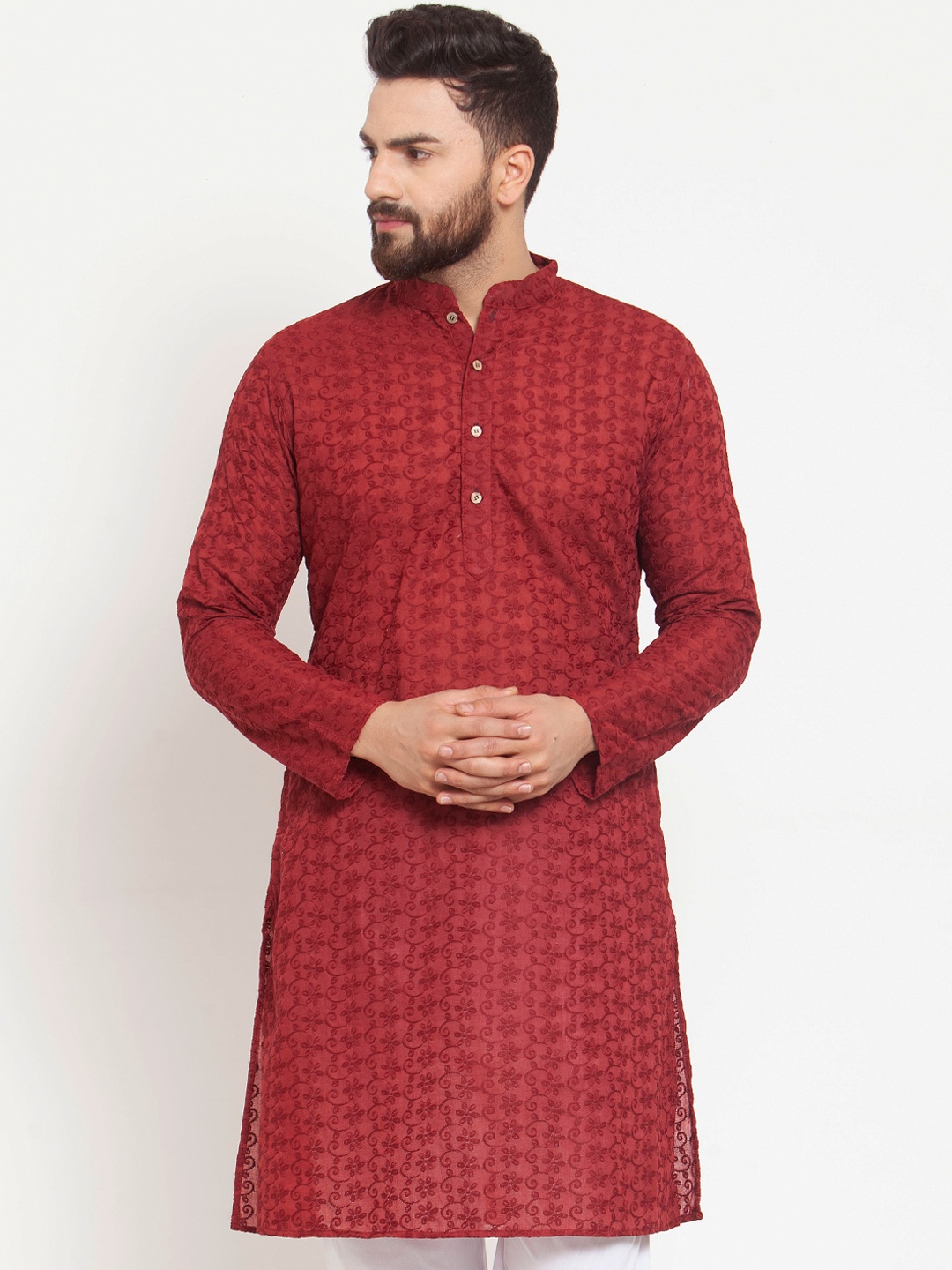 

TREEMODA Men Maroon Embroidered Chikankari Straight Kurta