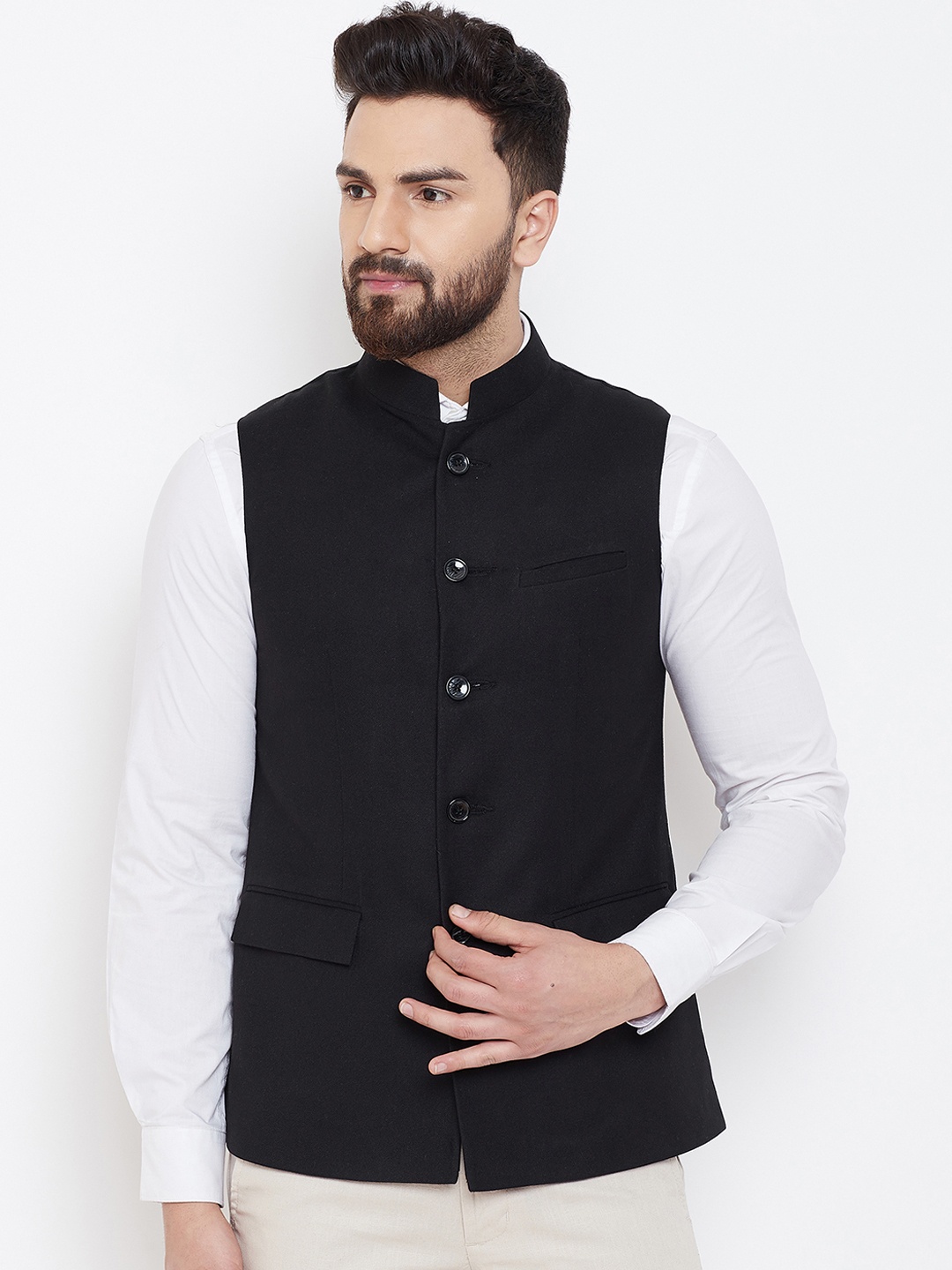 

Spirit Men Black Solid Woven Nehru Jacket