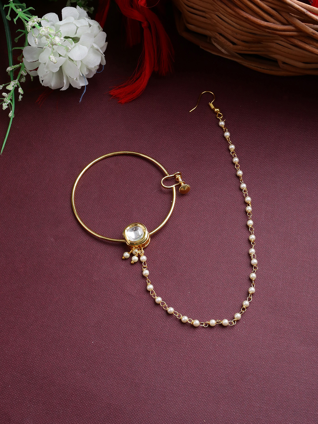 

Shoshaa Gold-Plated & White Pearl Embellished Kundan Nosering With Chain Extension