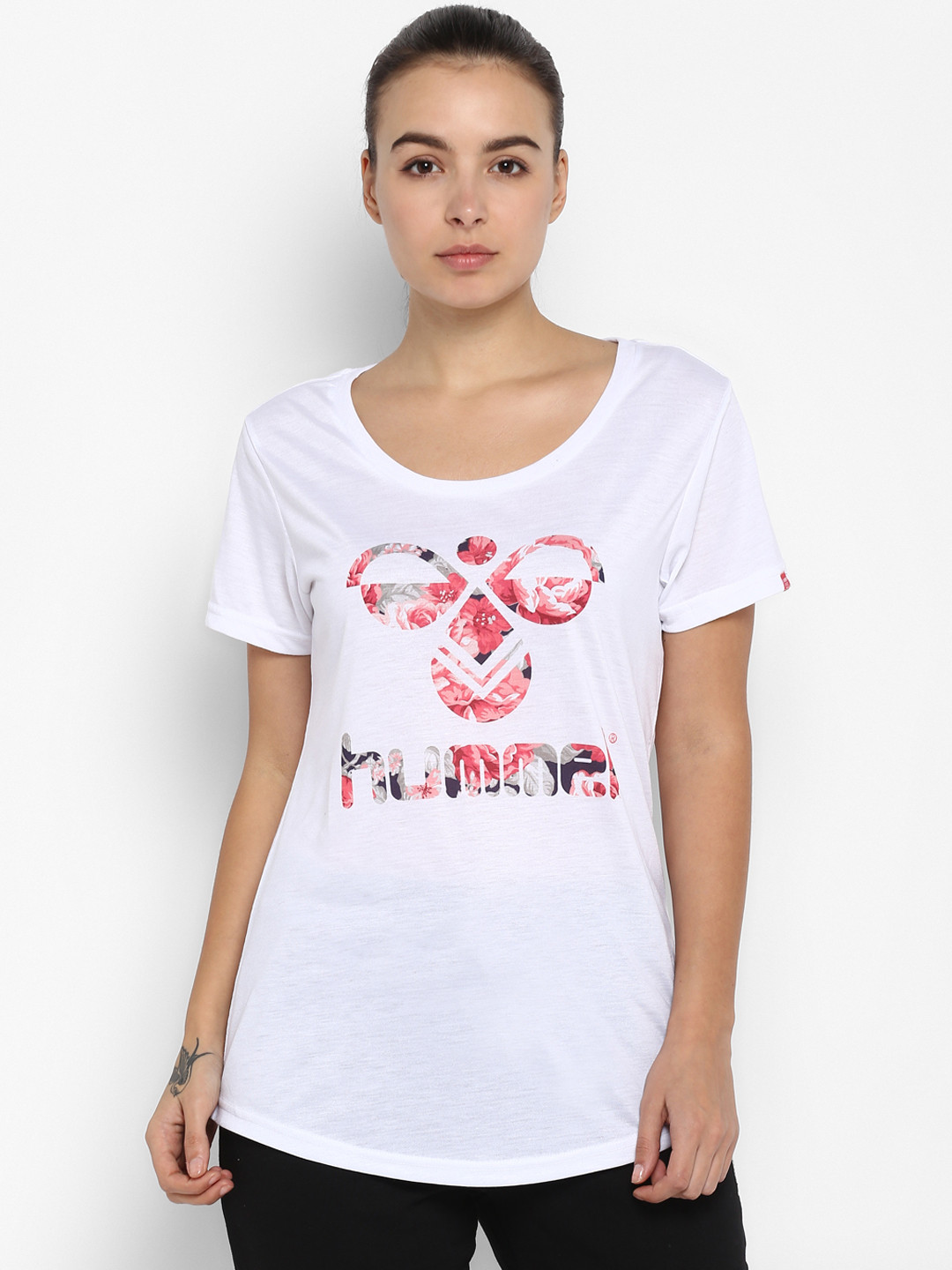 

hummel Women White Printed Round Neck T-shirt