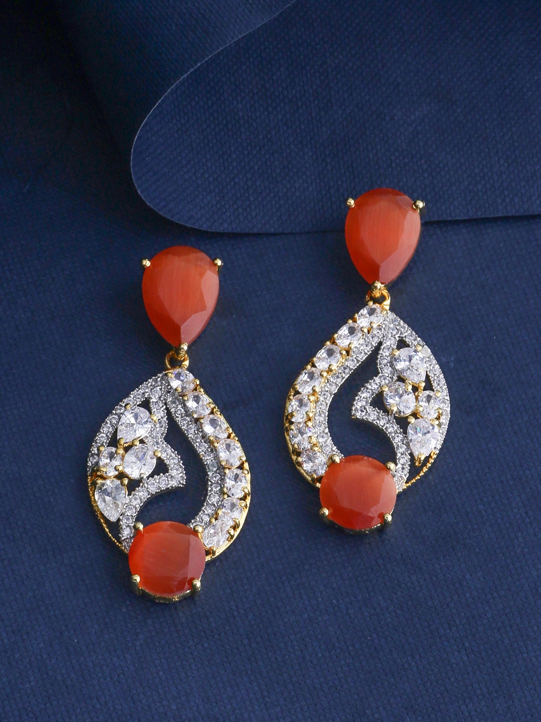 Tistabene Gold-Plated Orange Teardrop Shaped Drop Earrings