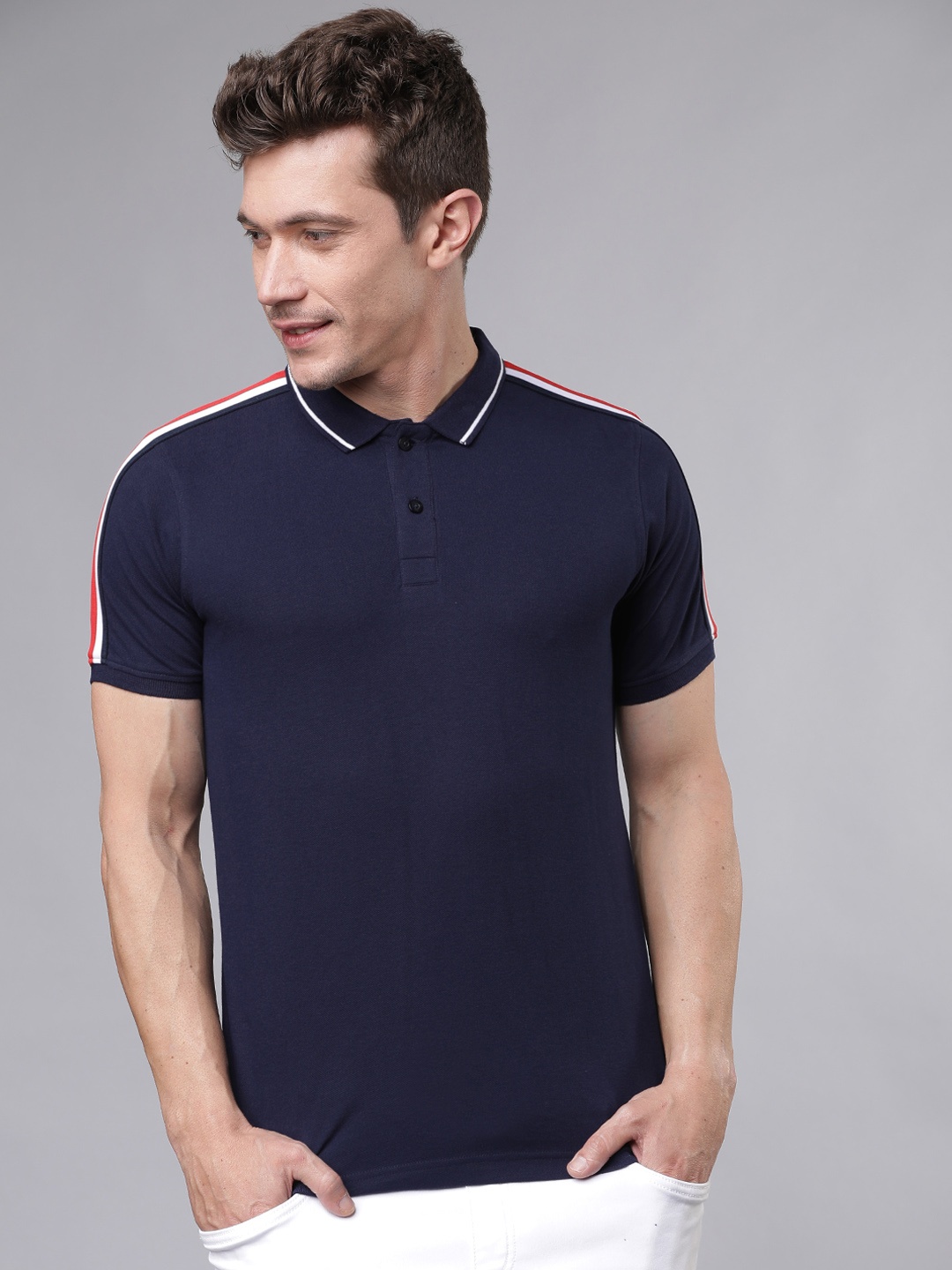 LOCOMOTIVE Men Navy Blue Solid Polo Pure Cotton T-shirt