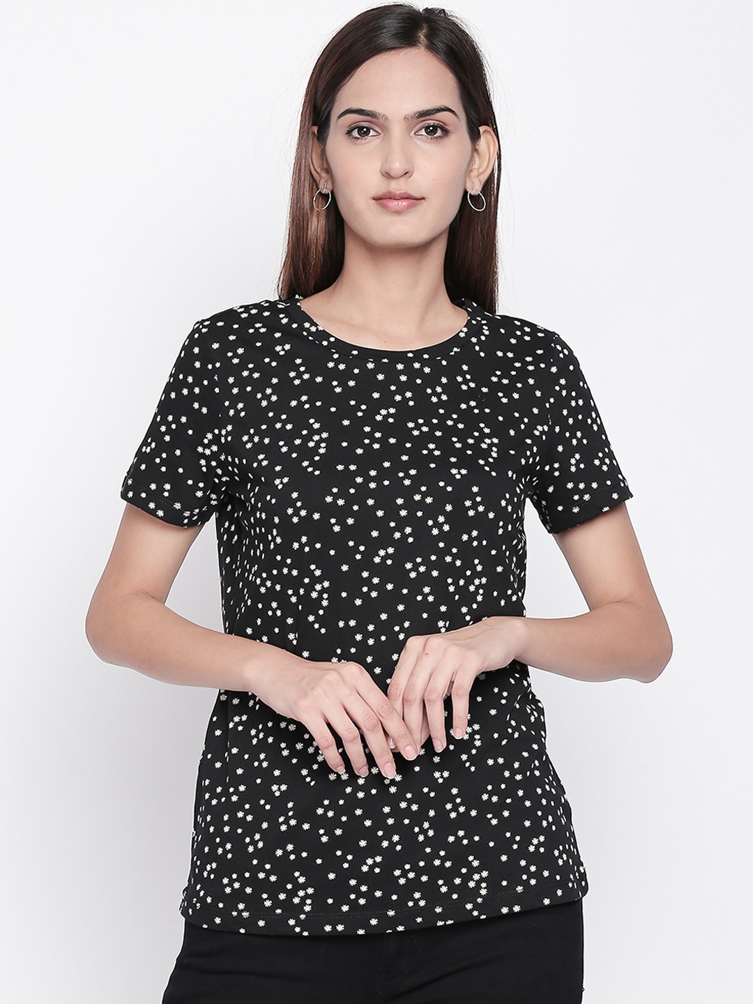 

Honey by Pantaloons Women Black Printed Round Neck Pure Cotton T-shirt