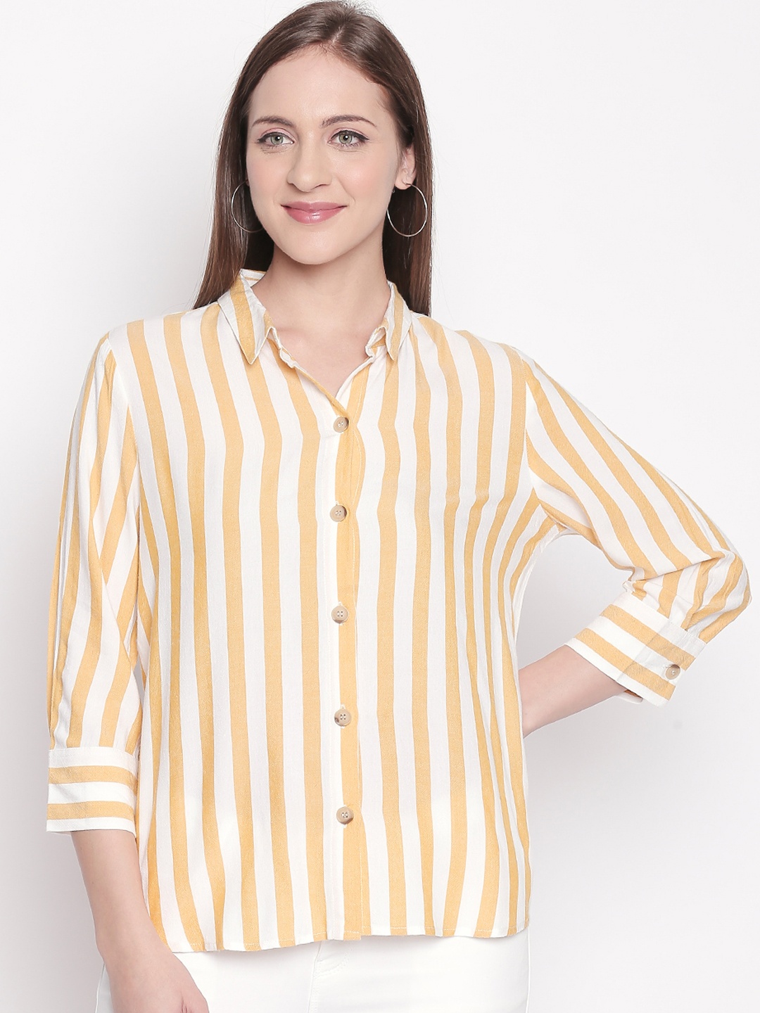 

Honey by Pantaloons Women Yellow Striped Shirt Style Top