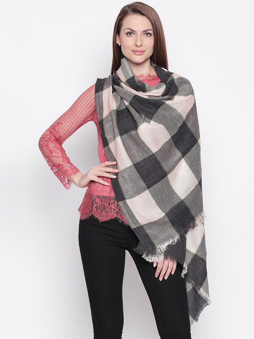 

Style Quotient Women Grey & Pink Checked Shawl