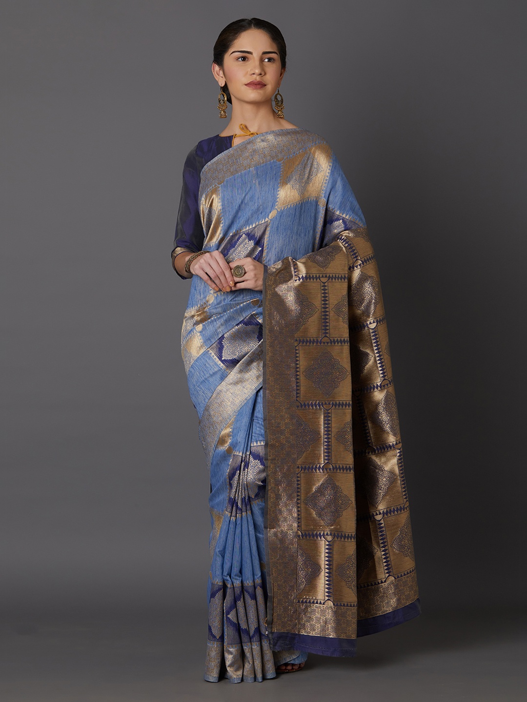 Mitera Blue & Gold-Toned Silk Blend Woven Design Kanjeevaram Saree
