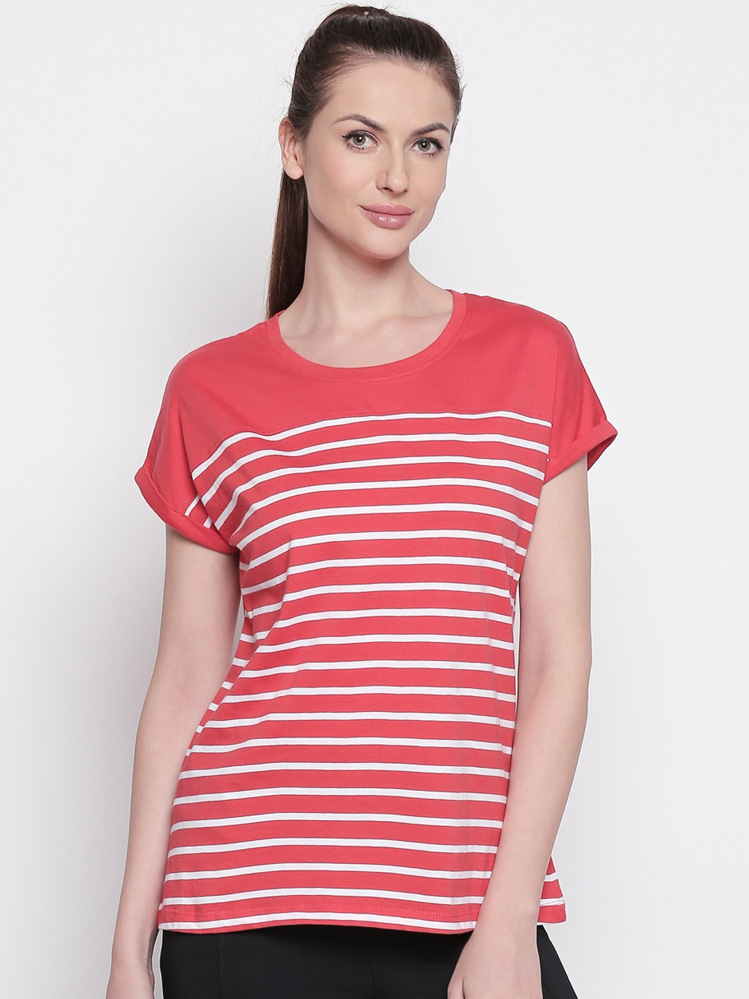 

Ajile by Pantaloons Women Coral Pink Striped Round Neck T-shirt