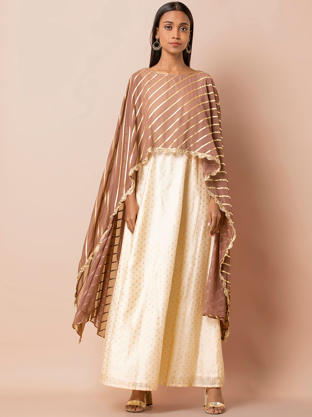 

INDYA Women Off-White & Brown Printed Kurta with Attached Dupatta