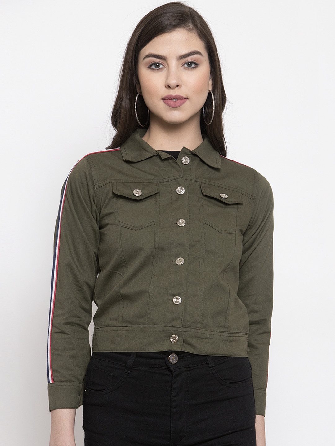 VOXATI Women Olive Green Solid Denim Jacket