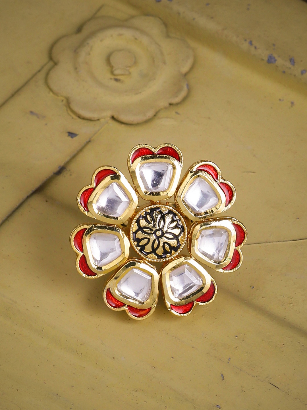 

Tistabene Gold-Plated Red Meenakari Artificial Stone-Studded Finger Ring