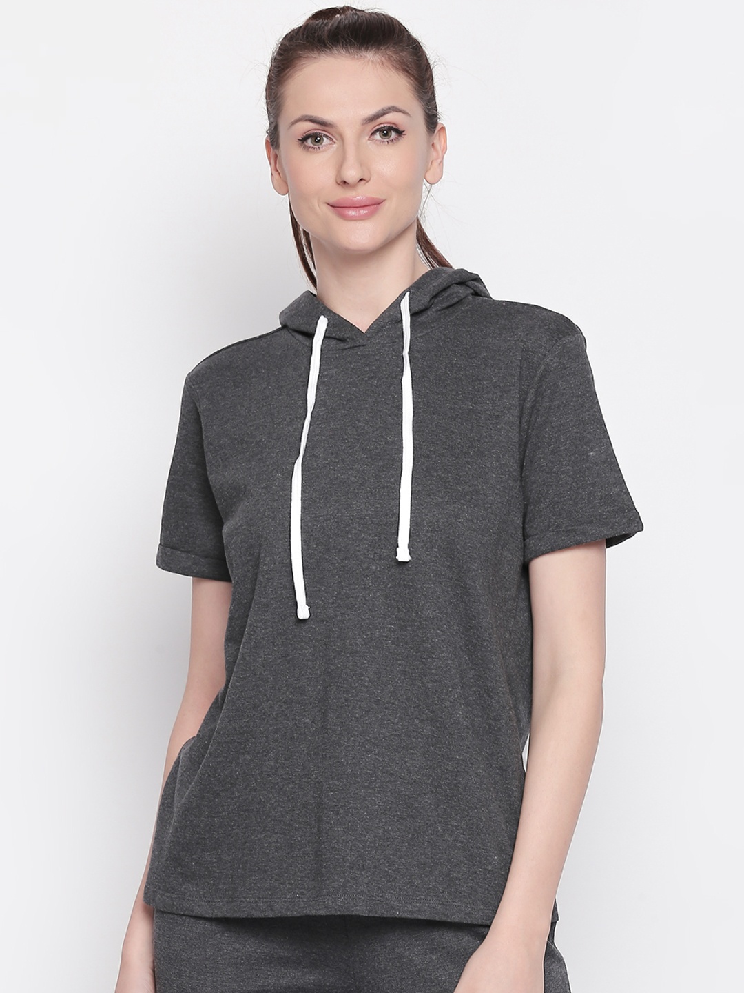 

Ajile by Pantaloons Women Grey Melange Solid Hood T-shirt