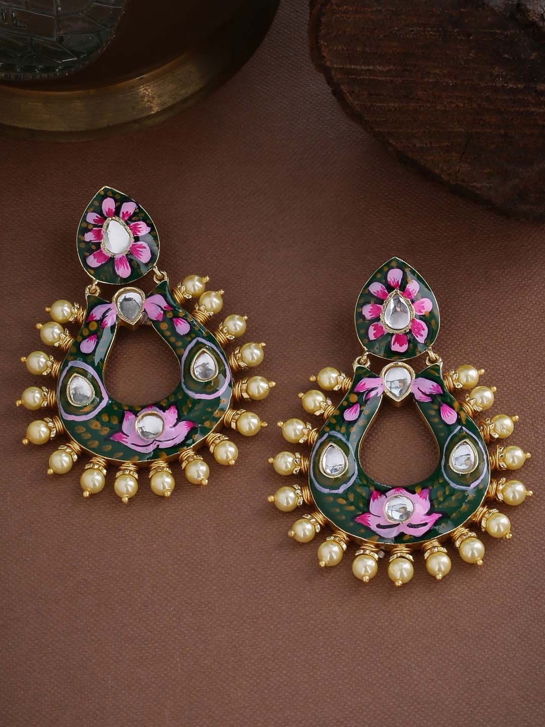 

Tistabene Green & Pink Gold-Plated Meenakari Pearl Studded Classic Drop Earrings
