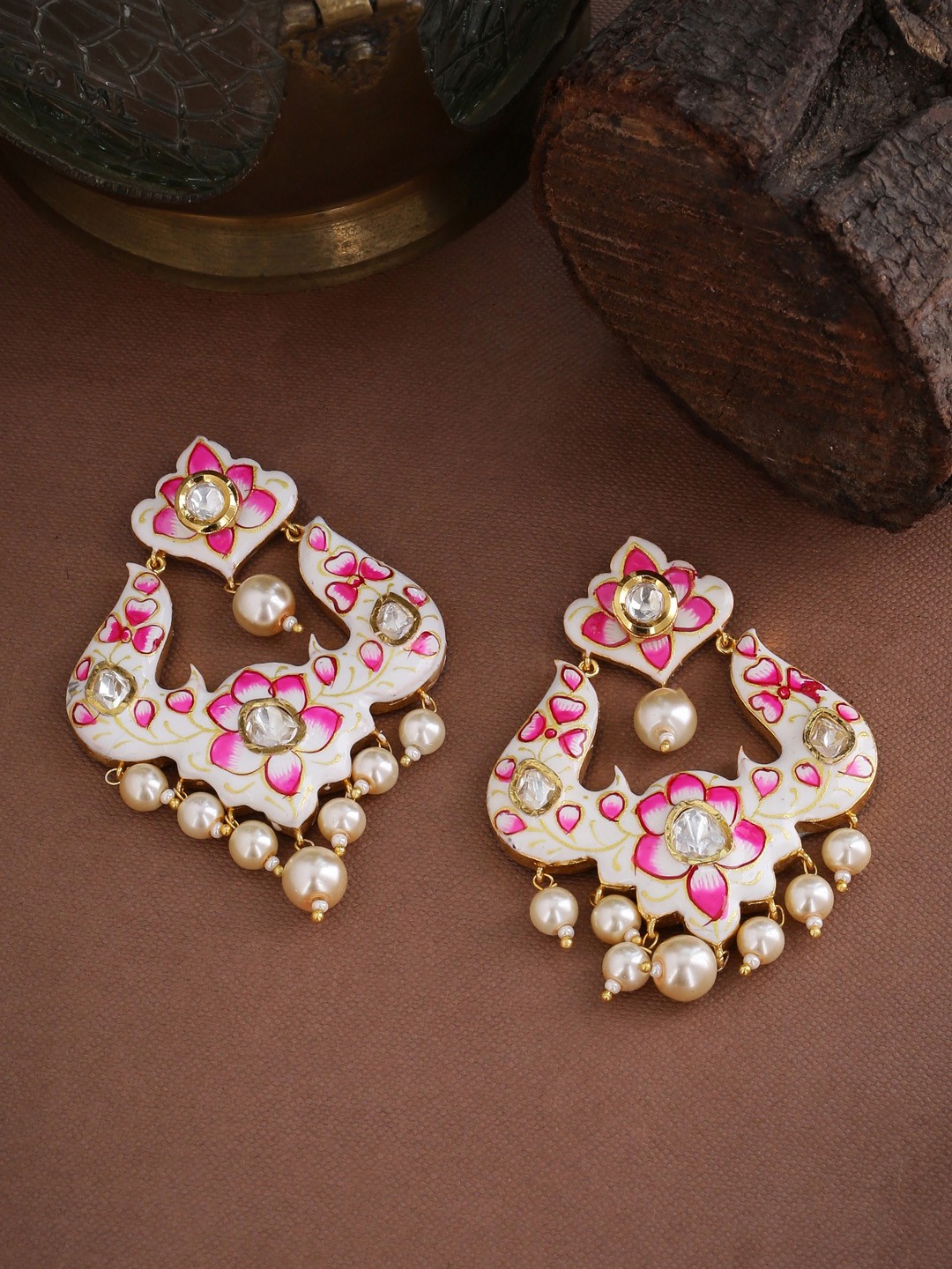 

Tistabene Cream-Coloured & Pink Classic Gold-Plated Drop Earrings