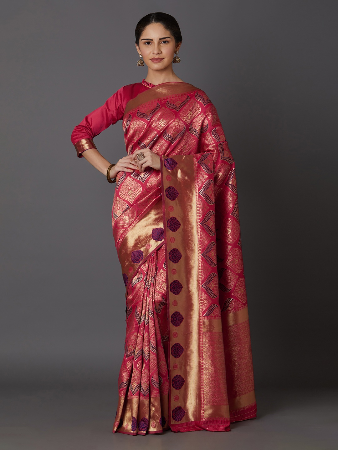 Mitera Pink & Gold-Toned Silk Blend Woven Design Kanjeevaram Saree