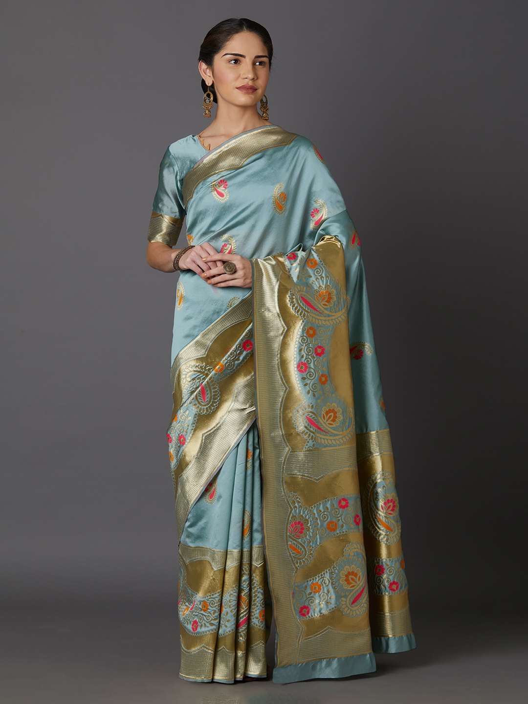 

Mitera Blue & Gold-Toned Silk Blend Woven Design Kanjeevaram Saree