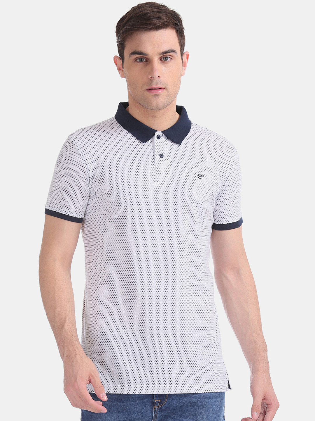 

Ruggers Men White & Navy Blue Printed Polo Collar Slim Fit T-shirt