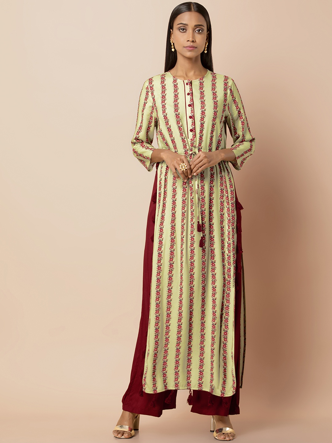 

INDYA Women's Green & Pink Printed Floral Tassled High Slit Tunic