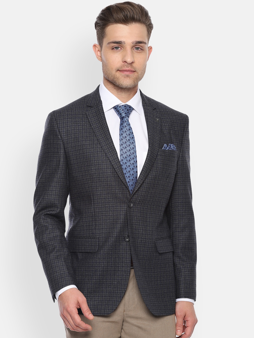 

Van Heusen Men Navy Blue & Brown Checked Single-Breasted Slim-Fit Wool Blazer