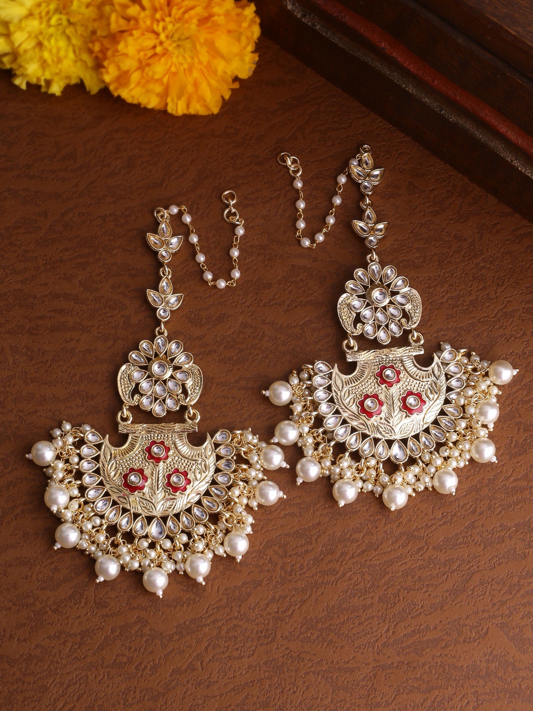 

Shoshaa Gold-Plated & Off-White Handcrafted Classic Drop Earrings