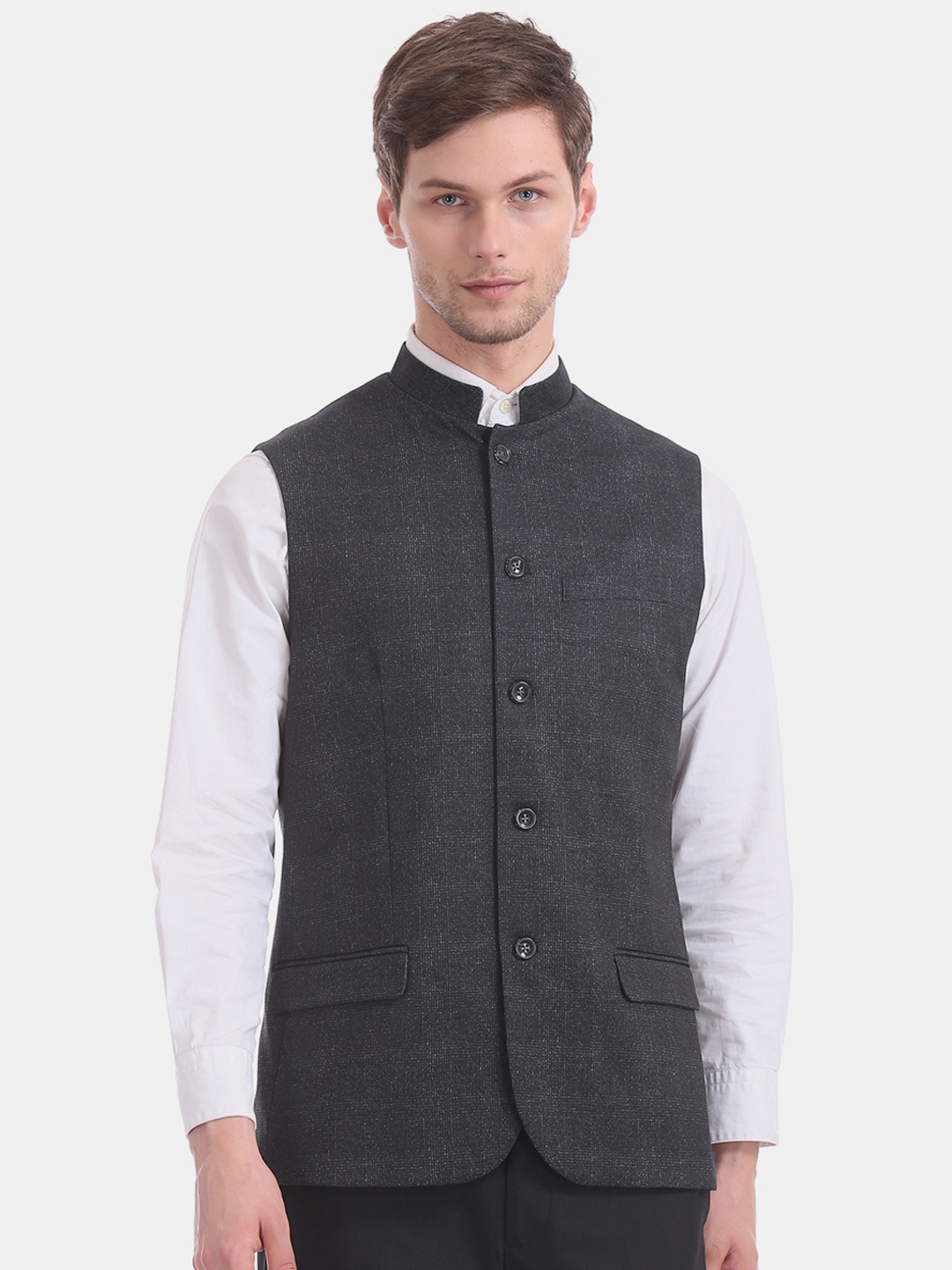 

U.S. Polo Assn. Men Black Checked Woven Nehru Jacket