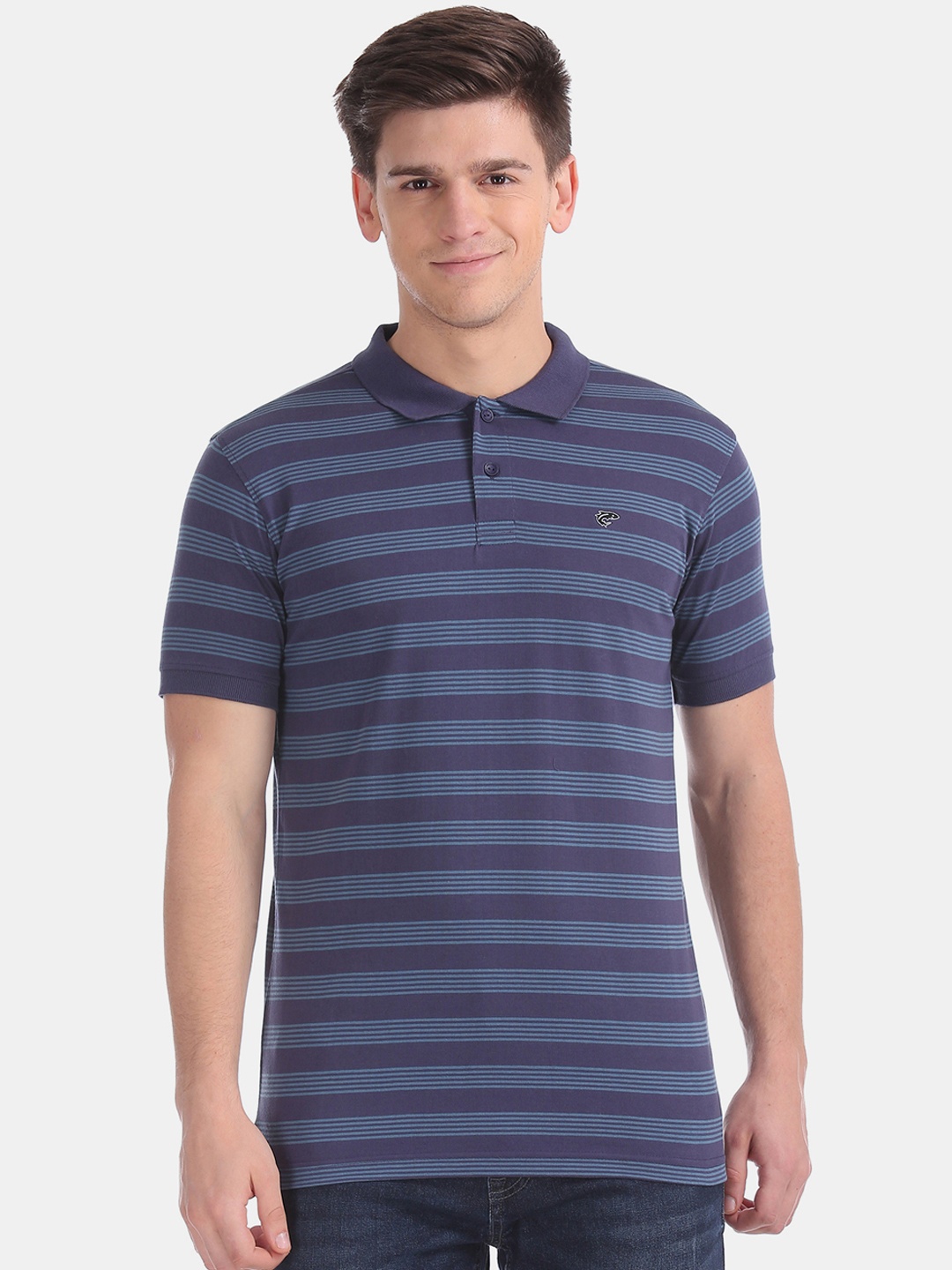 

Ruggers Men Navy Blue Striped Polo Collar Slim Fit T-shirt