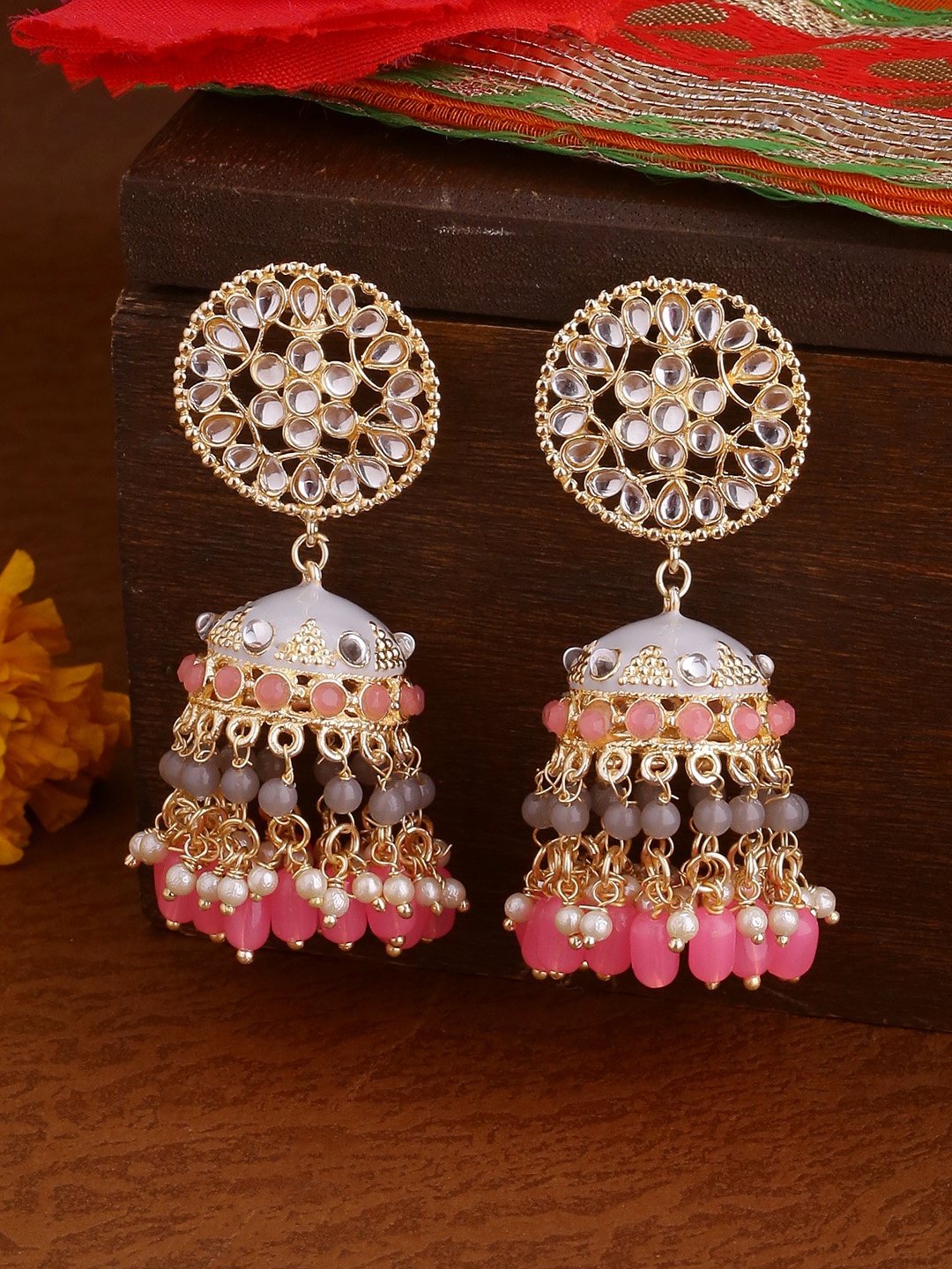 

Shoshaa Gold-Plated & Grey Dome Shaped Jhumkas